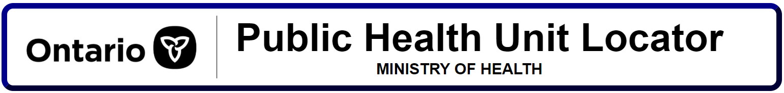 Ontario Logo. Public Health Unit Locator. Ministry of Health.